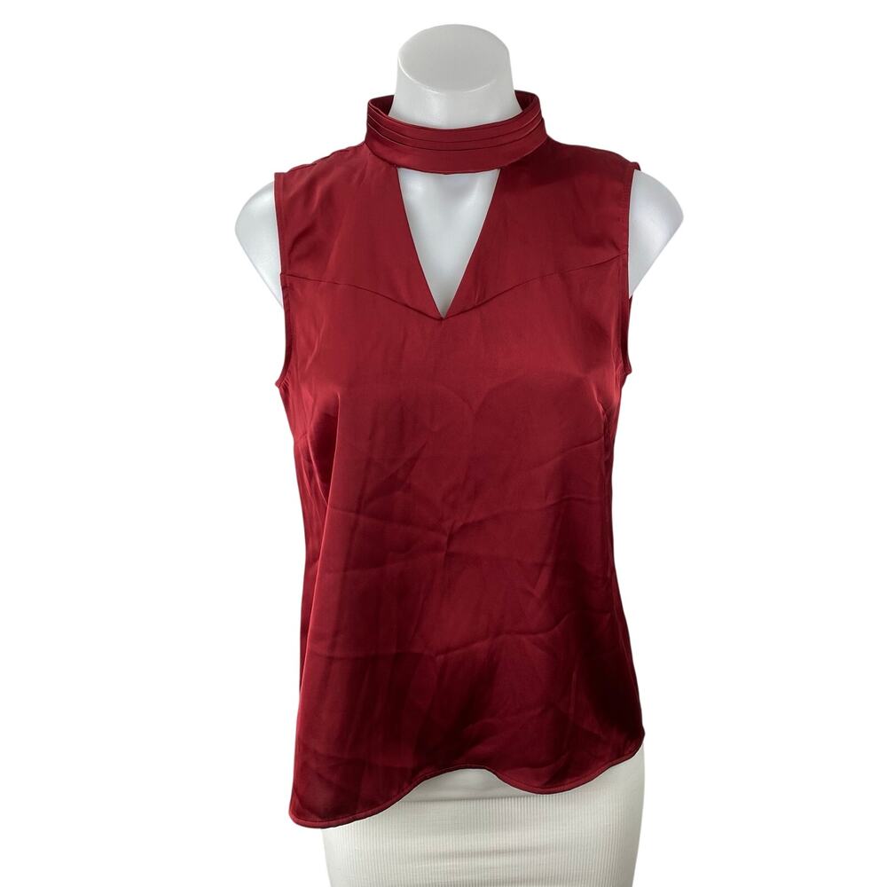 Halogen Women's Red Silk Satin Sleeveless Mock V Neck Tank Blouse Top Size XS